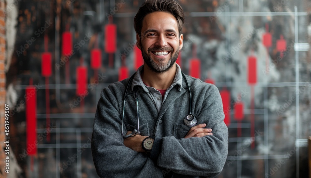 Obraz premium Casual young male with a stethoscope smiling confidently in front of a screen displaying financial data and graphs