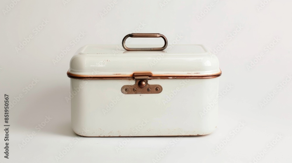 White background with enamel bread box