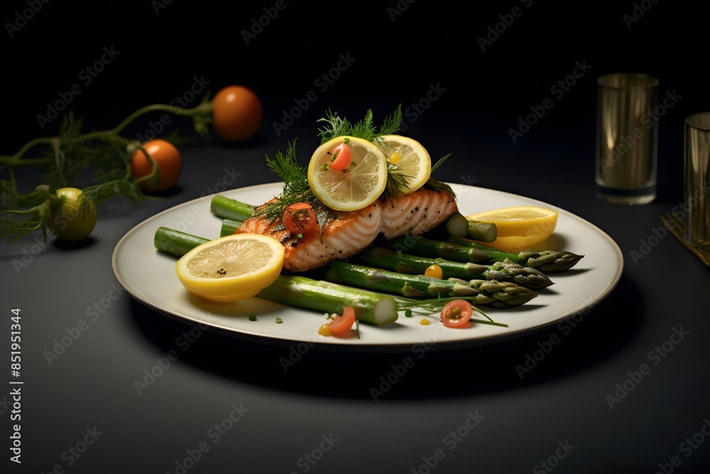 Delicious pan-fried salmon fillet presented with lime and asparagus on a well-organized platter. Delicious pan-fried salmon fillet presented with lime and asparagus on a well-organized platter.