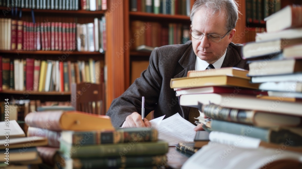 Scholar Writing in Library Surrounded by Books
Scholar Writing in Library Surrounded by Books