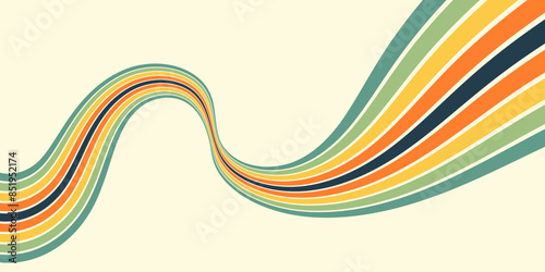 Abstract colorful 70s background vector. Vintage retro wallpaper with rainbow stripes and wavy lines. A 1970 color illustration suitable for posters, banners, decorative items and wall art.
