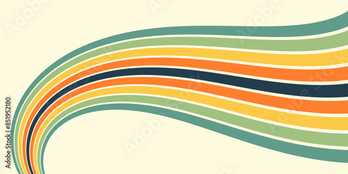 Abstract colorful 70s background vector. Vintage retro wallpaper with rainbow stripes and wavy lines. A 1970 color illustration suitable for posters, banners, decorative items and wall art.
