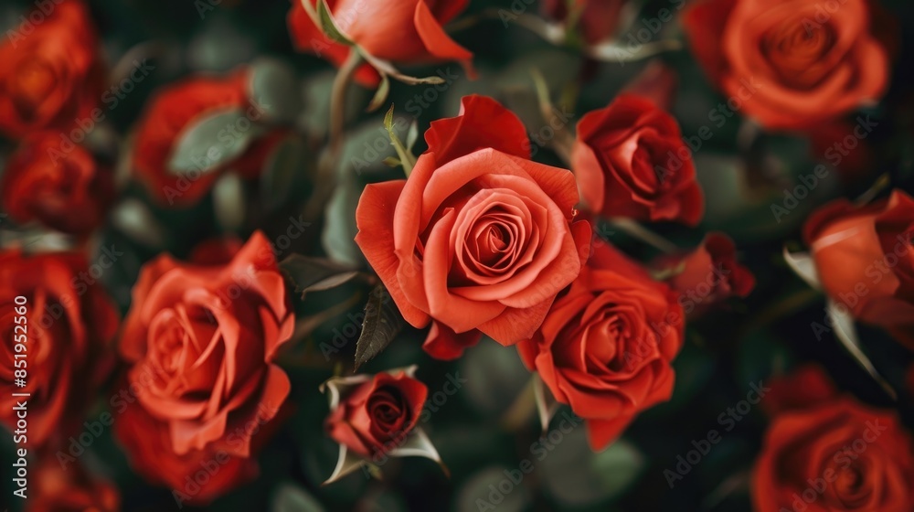 A stunning close up showcasing a gorgeous arrangement of vibrant red roses A stunning close up showcasing a gorgeous arrangement of vibrant red roses