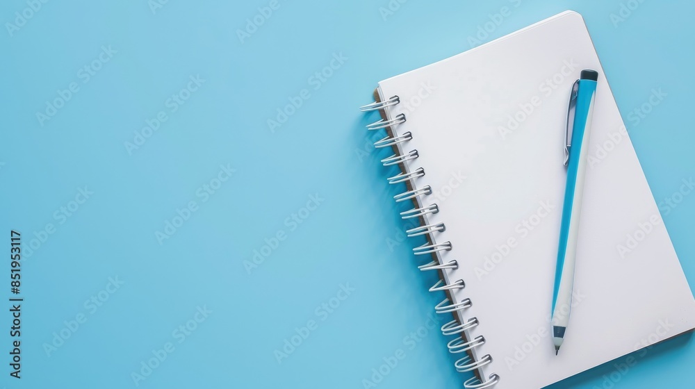 Close up shot of notebook against blue backdrop Close up shot of notebook against blue backdrop