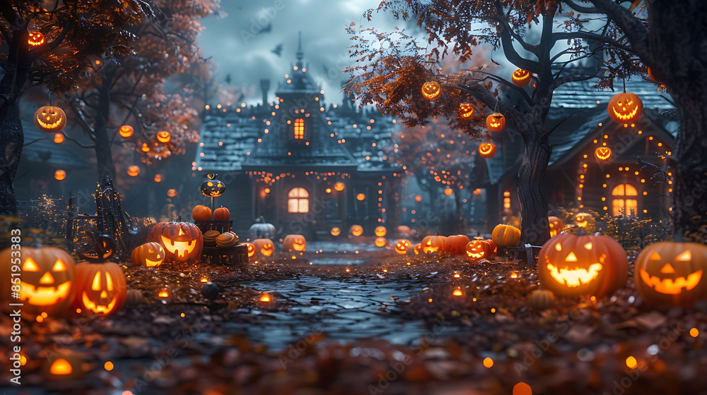 A haunted house yard with a table full of Halloween sweets and glowing decorations. A haunted house yard with a table full of Halloween sweets and glowing decorations.