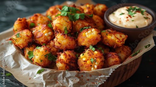 Deliciously fried corn fritters served in a rustic basket with a side of spicy mayo © Nonema