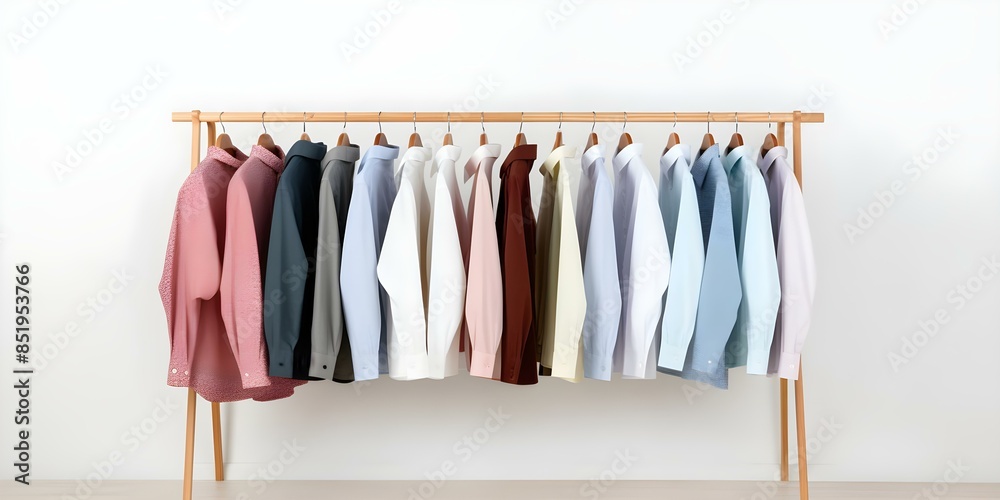 Clean Clothes Hanging on Rack Against White Background. Concept Minimalist Fashion Photography, Stylish Wardrobe Display, Neat Clothing Organization Clean Clothes Hanging on Rack Against White Background. Concept Minimalist Fashion Photography, Stylish Wardrobe Display, Neat Clothing Organization