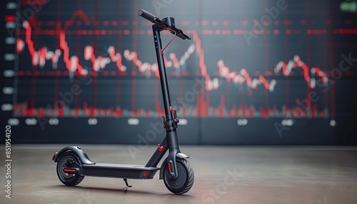 Black electric kick scooter on a futuristic background with stock market graphs and digital data photo