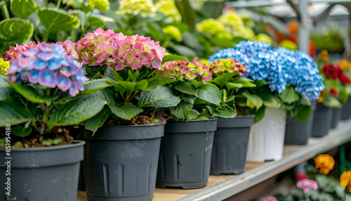 Pots with planted colorful hydrangea with variegated foliage on showcase of garden center