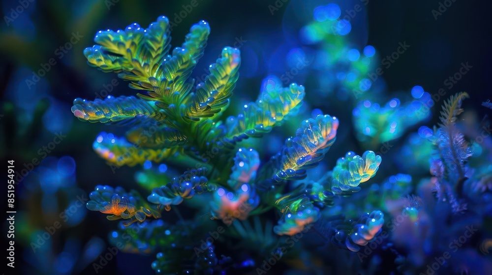 Fototapeta premium A closeup shot of a bioluminescent plant glowing in a dark, hightech garden