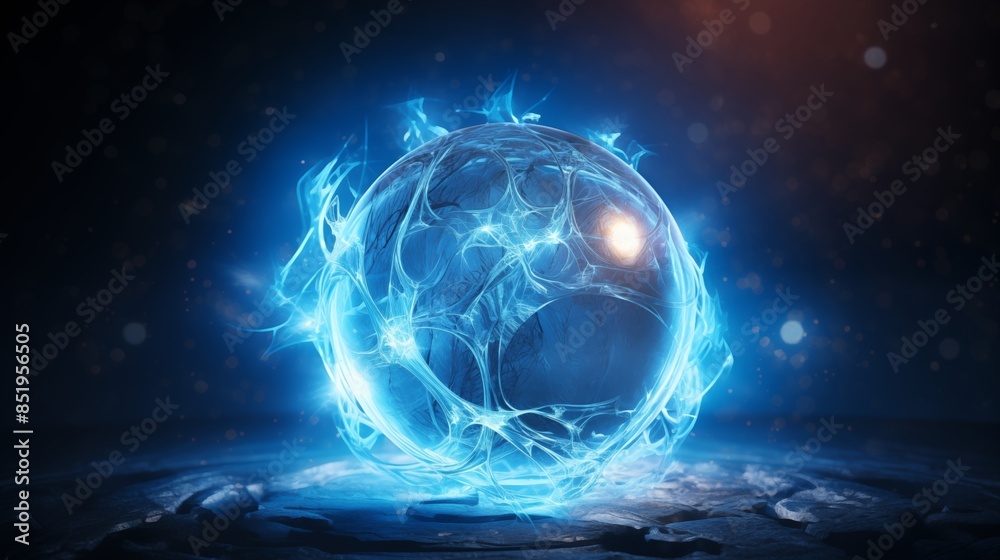 Obraz premium Ethereal Blue Energy Orb Surrounded by Mystical Flames in a Dark Atmosphere