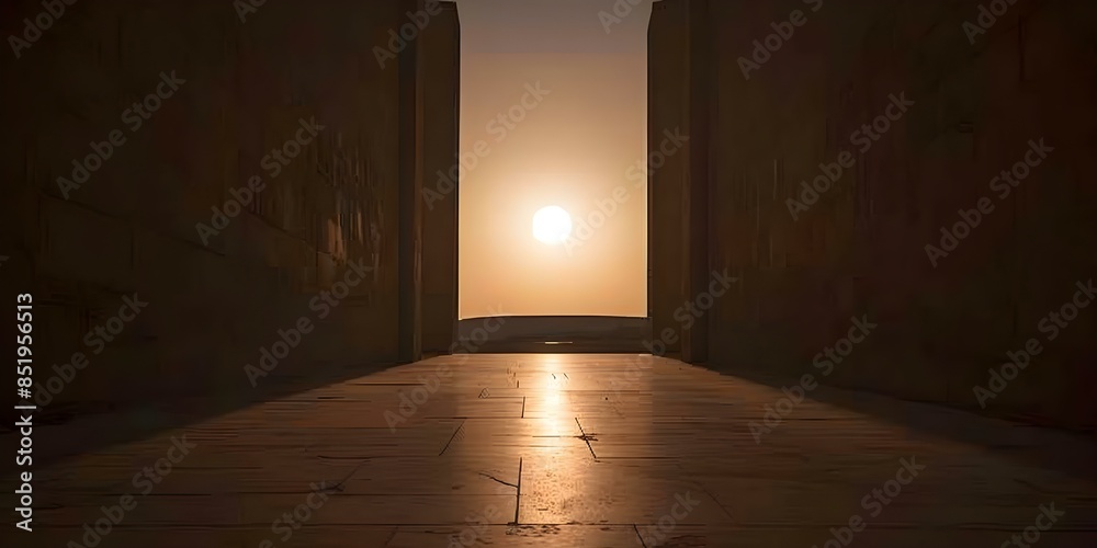 Neon lights illuminate ancient Babylon temple beneath moonlit sunset. Concept Travel, Architecture, History, Babylon, Sunset Neon lights illuminate ancient Babylon temple beneath moonlit sunset. Concept Travel, Architecture, History, Babylon, Sunset