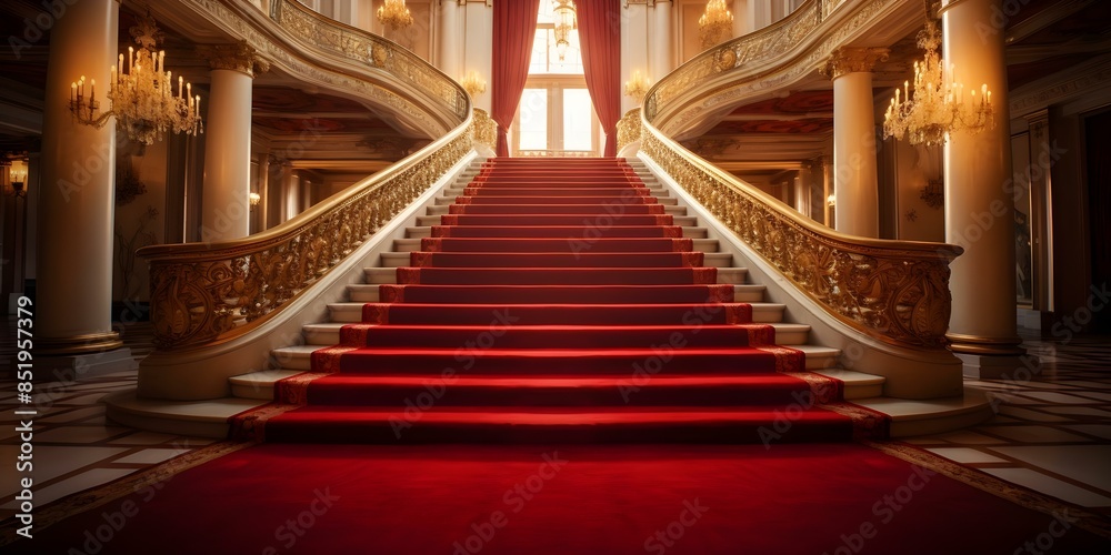 Obraz premium Glamorous Red Carpet Guides to VIP Staircase Illuminated by Ambient Lighting. Concept Red Carpet Events, VIP Staircases, Glamorous Lighting, Event Planning, Style and Fashion