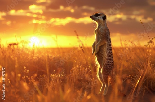 Meerkat Standing in Golden Sunset Grassland 