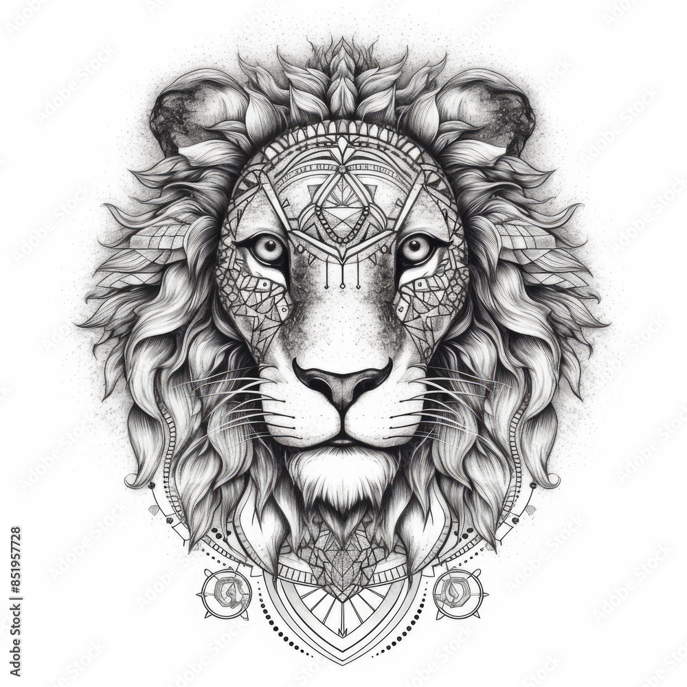 Obraz premium Lion Head Art. Lion Face with sacred geometry or ornamental mandala. Hand drawn Illustration for tattoo or t-shirt design, poster, emblem, badge, patch. Lion Head, Artwork, Tattoo art