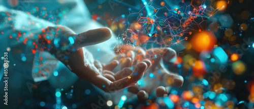 A hightech closeup of a scientist s hands manipulating virtual chemical compounds