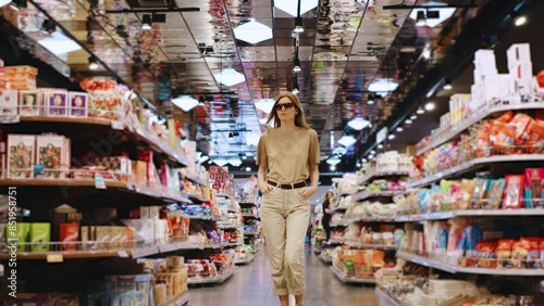Wallpaper Mural A confident woman is shopping in a grocery store, dressed in a casual outfit and sunglasses. She is strolling through the aisles, choosing products and enjoying a modern shopping experience Torontodigital.ca
