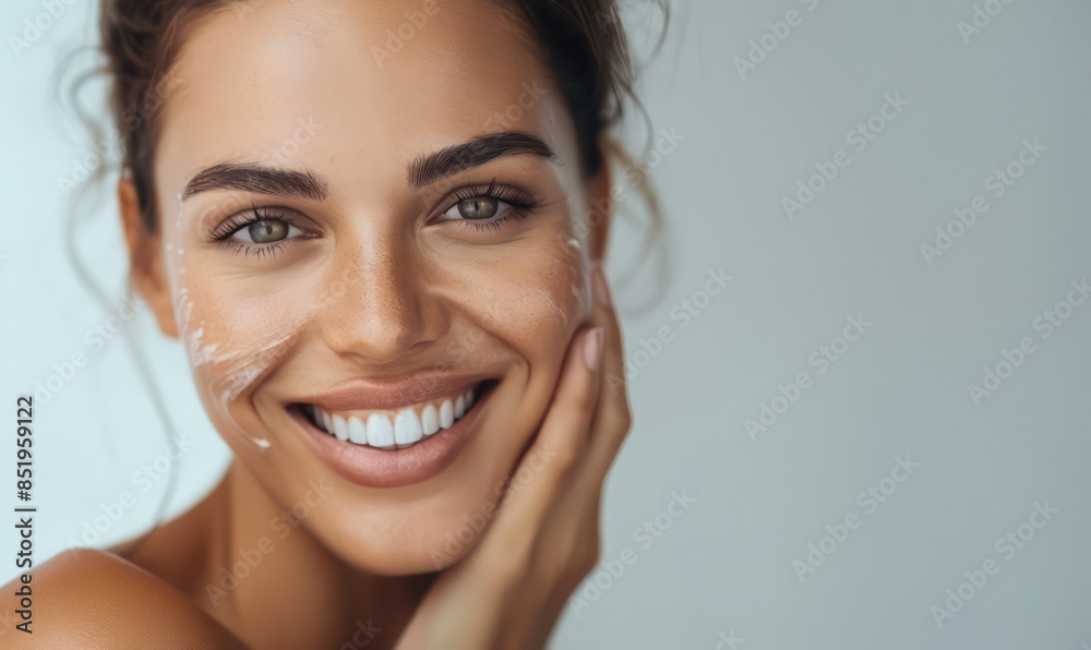 Woman smiling while touching her flawless glowy skin with copy space for your advertisement, skincare Woman smiling while touching her flawless glowy skin with copy space for your advertisement, skincare