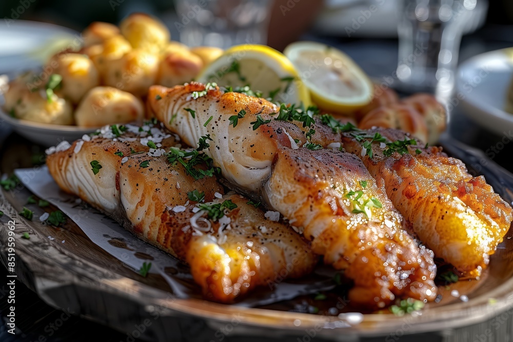 Golden fried catfish fillets served on a rustic wooden platter with a side of hush puppies and a wedge of lemon, Golden fried catfish fillets served on a rustic wooden platter with a side of hush puppies and a wedge of lemon,