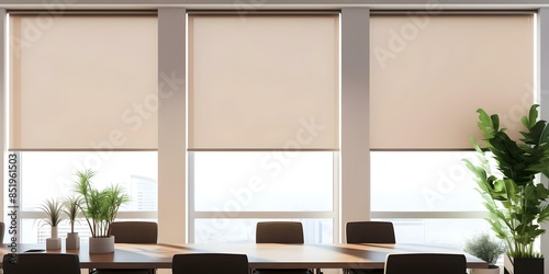 Automated Solar Shades and Roller Blinds Enhance Modern Room Interior Design. Concept Solar Shades, Roller Blinds, Room Interior, Modern Design, Automated Systems