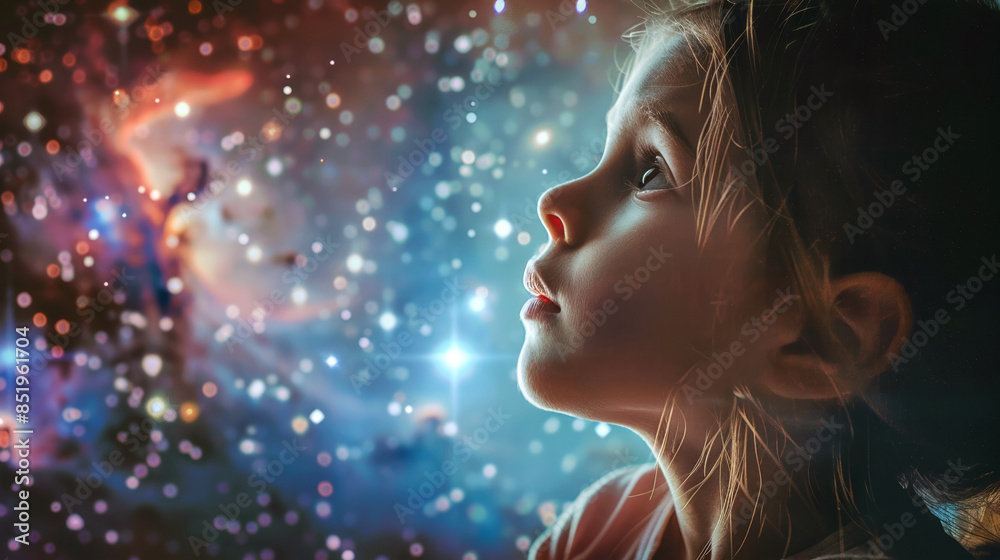 Portrait of little girl dreaming of seeing space and galaxies, as reflection of child mental health.Magic of traveling in Galaxy.Selective focus.Closeup.Generative AI