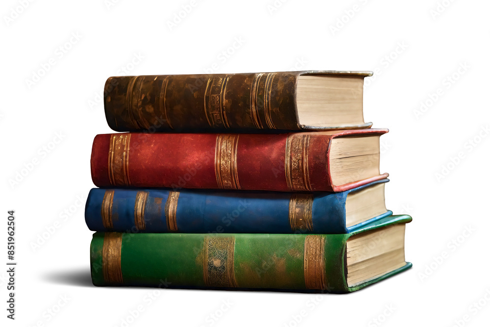 Four old and elegant colored books in brown, red, blue, and green tones stacked and isolated on empty background Four old and elegant colored books in brown, red, blue, and green tones stacked and isolated on empty background