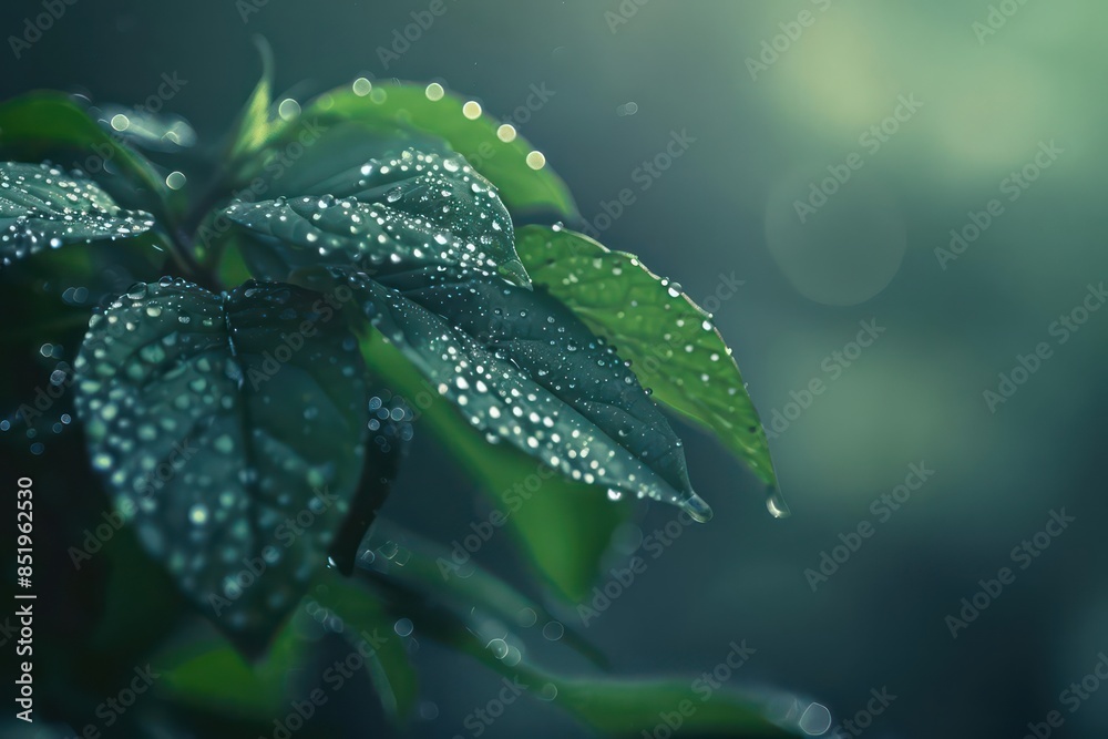 An advanced digital closeup of dew drops forming on a plant s leaves in a hightech ecosystem An advanced digital closeup of dew drops forming on a plant s leaves in a hightech ecosystem