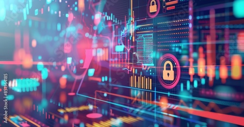 A digital illustration of security symbols with lock and data flow icons, representing a tech network concept for an online ecommerce website system or AI technology security protection