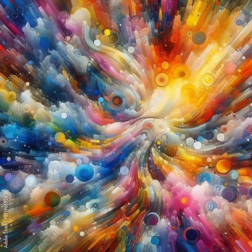 An explosion of colors and shapes in a mesmerizing digital art piece. The vibrant swirls and dots create a sense of movement and energy, drawing the viewer into a dynamic visual experience.. AI