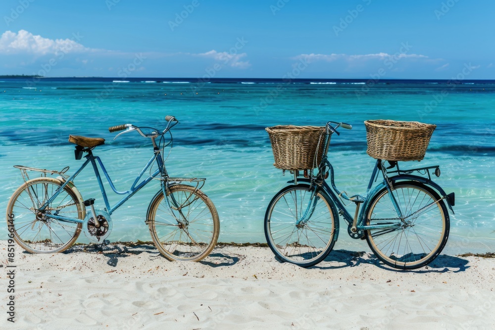 Fototapeta premium Summer Vibes: Two Old Bicycles Parked on the Beach with Baskets
