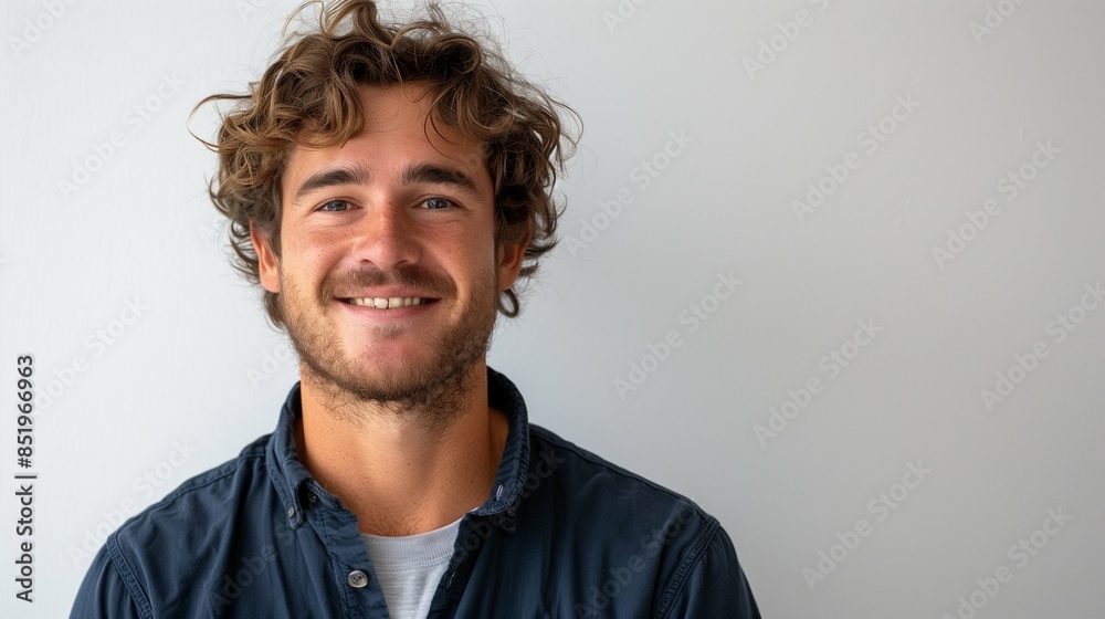 Cheerful Man Smiling at Camera Against Minimalist White Background Highlighting Positive Energy, Confidence, and Friendly Vibes Cheerful Man Smiling at Camera Against Minimalist White Background Highlighting Positive Energy, Confidence, and Friendly Vibes