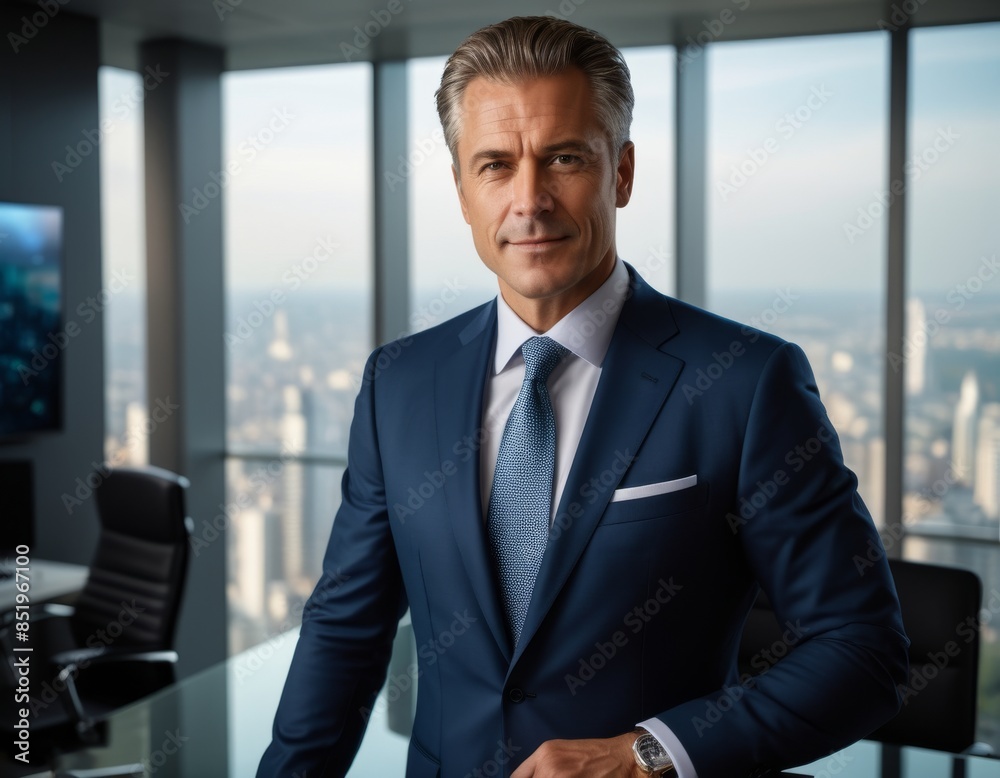 Portrait of a successful businessman, wearing a suit and standing in his office Portrait of a successful businessman, wearing a suit and standing in his office