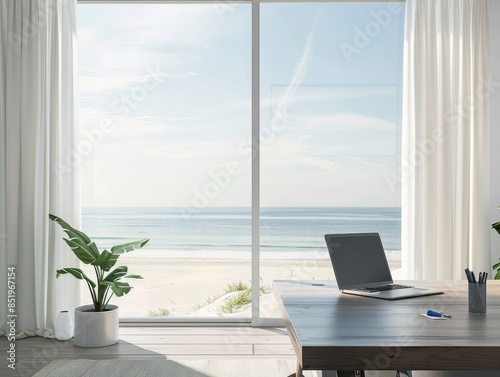Mockup photo of an office space with a window view of the beach