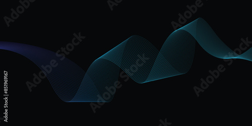 Light lines wavy flowing dynamically in blue-green colors isolated on a black background for the concept of communication, 5G, science, music, AI technology, digital