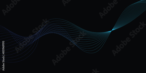 Light lines wavy flowing dynamically in blue-green colors isolated on a black background for the concept of communication, 5G, science, music, AI technology, digital