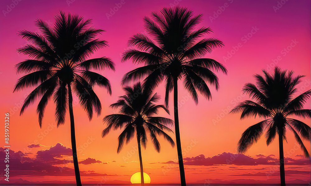 silhouette of palm trees against a summer sunset background silhouette of palm trees against a summer sunset background