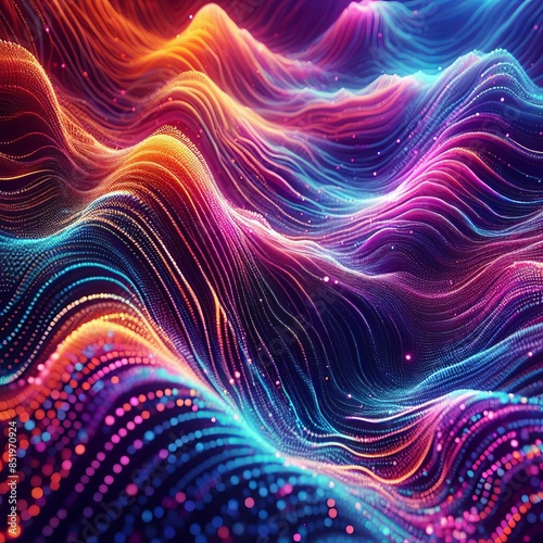 Dynamic and vibrant digital waves in multicolored hues, creating a mesmerizing and futuristic visual effect. Ideal for technology, innovation, and digital art themes, highlighting energy and movement