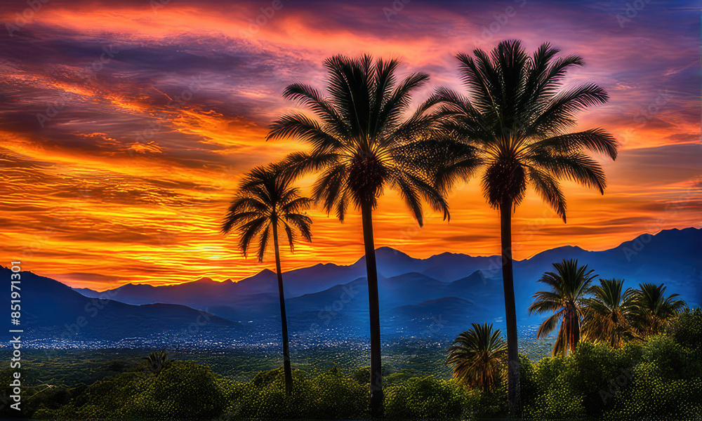 silhouette of palm trees against a summer sunset background silhouette of palm trees against a summer sunset background