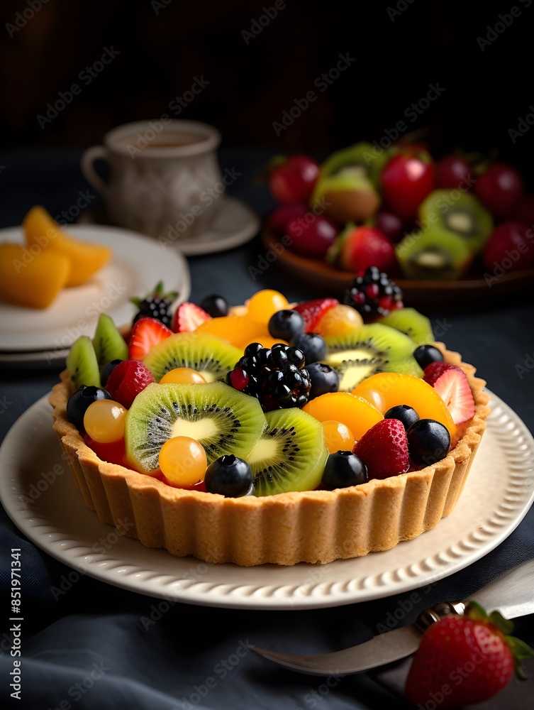 Vibrant Mixed Fruit Tart with Kiwi, Berries, and Peach Glaze. Vibrant Mixed Fruit Tart with Kiwi, Berries, and Peach Glaze.