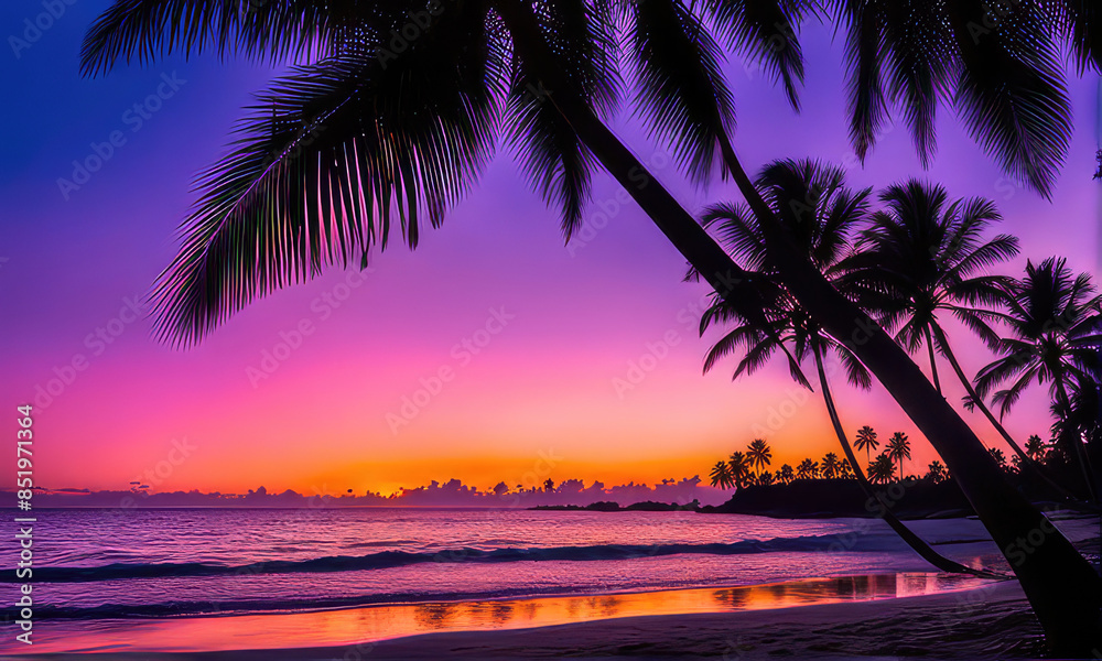 Fototapeta premium silhouette of palm trees against a summer sunset background