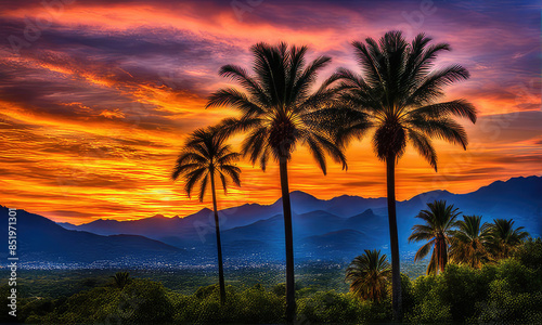 silhouette of palm trees against a summer sunset background