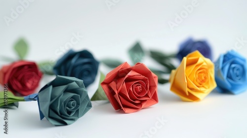 Colorful origami roses for Valentine s Day love themes White background with room for text