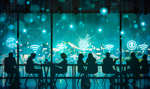 People working in an office at night with city skyline view, tech icons overlaid on window