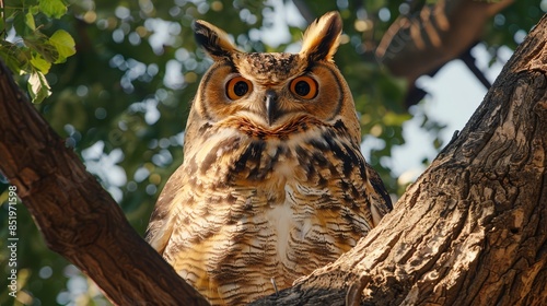  A tight shot of an owl perched on a tree branch against a backdrop of a towering tree Leaves dot the foreground