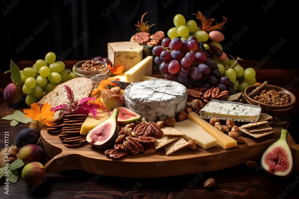 Elegant cheese platter with assorted fruits, nuts, and crackers. Elegant cheese platter with assorted fruits, nuts, and crackers.