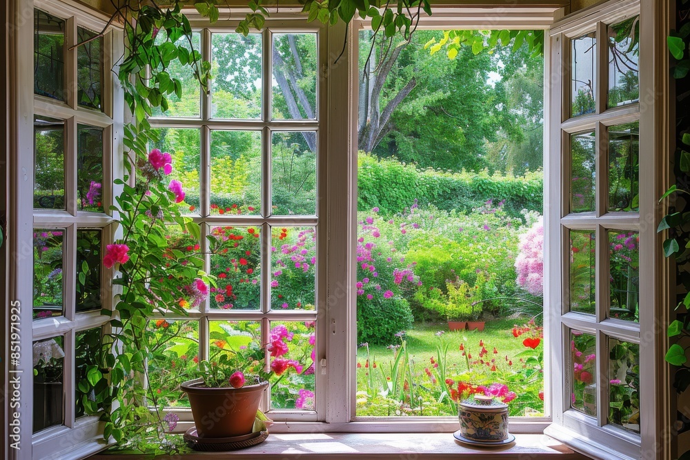 Border design with a window view of a blooming garden from a sunroom Border design with a window view of a blooming garden from a sunroom