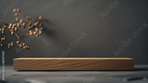 Zen wooden boho podium abstract scene. Empty stage minimalistic wood and stone design background. Stand product showcase on gey background with tree branch. photo