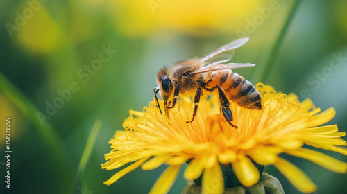 A honey bee on flower collects pollen and nectar photo