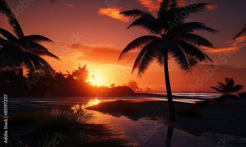 silhouette of palm trees against a summer sunset background