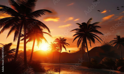 silhouette of palm trees against a summer sunset background